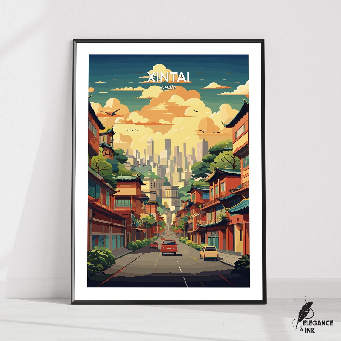 Xintai China Historic Street Red Car Illustrated Travel Poster