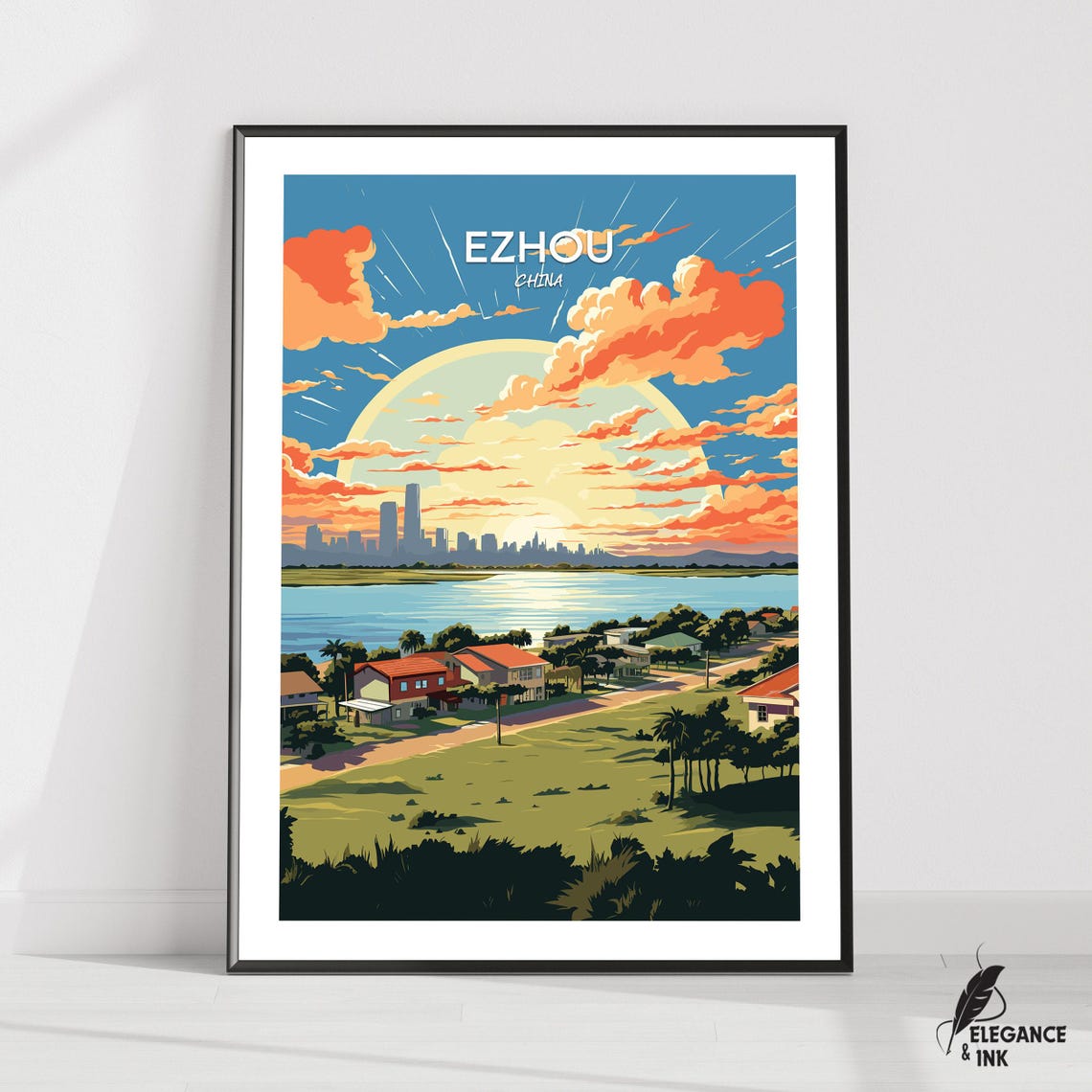 Ezhou China Sunset Skyline Lake Retro Vintage Travel Poster Art