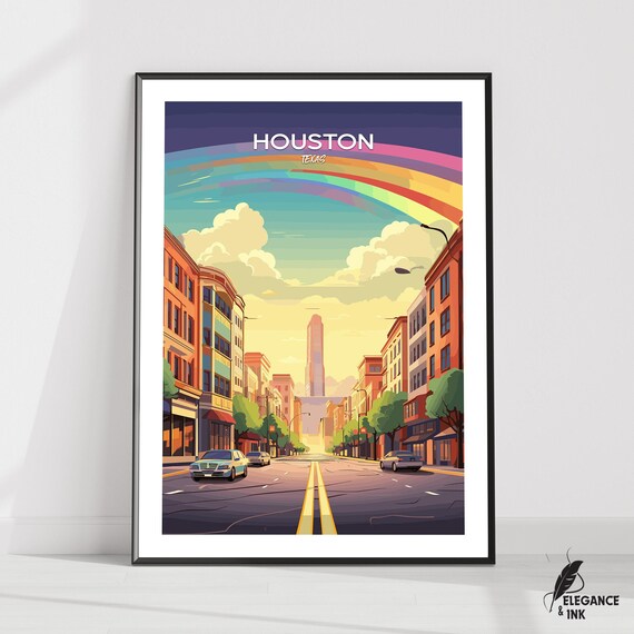 Houston Texas Rainbow Sky Over Downtown Street Illustration Art Poster