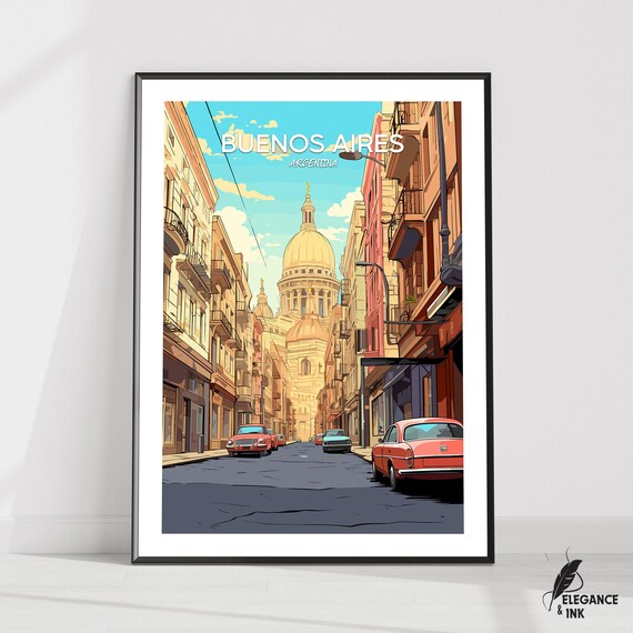 Buenos Aires Vintage Street Scene With Classic Cars Illustration Travel Poster