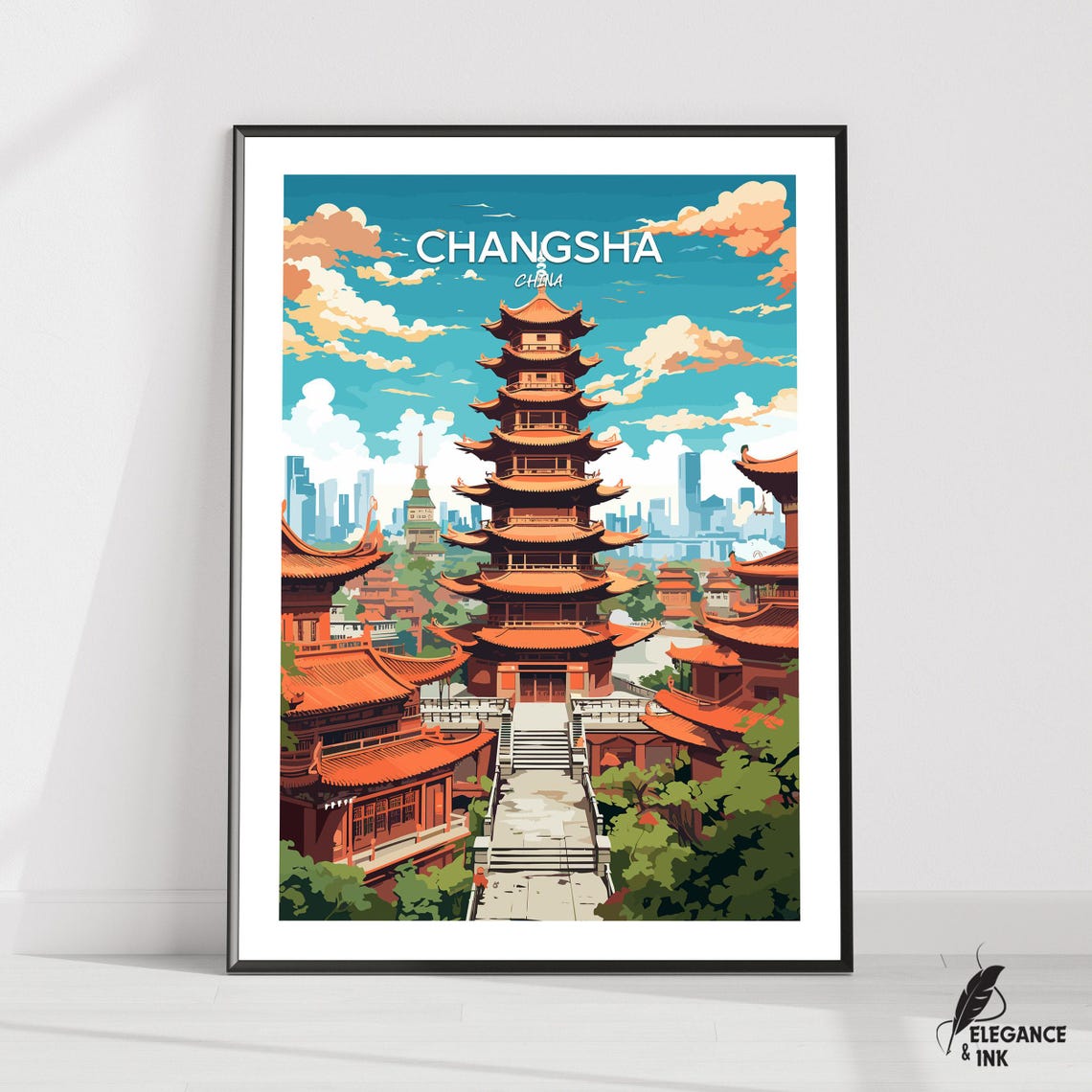 Changsha China Pagoda Temple Vintage Illustration Travel Poster