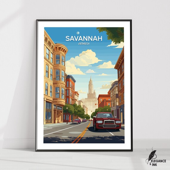 Savannah Georgia Old Town Street Classic Cars Skyline Travel Poster