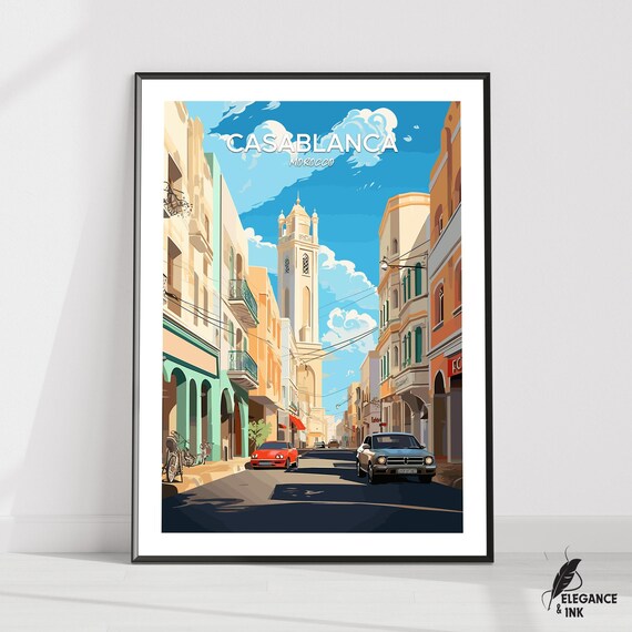 Casablanca Morocco Classic Street Scene Travel Illustration Poster