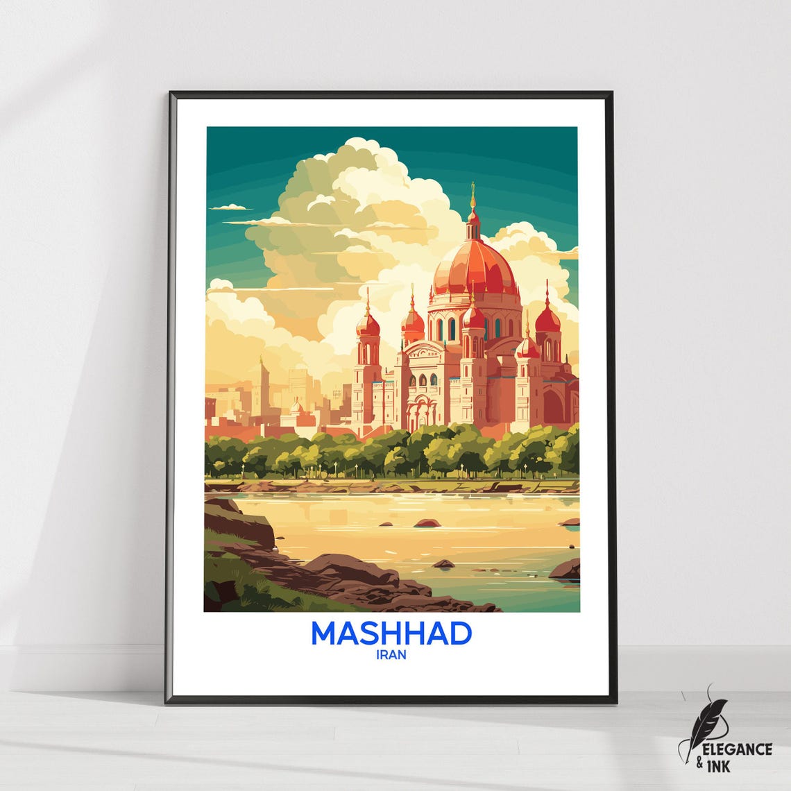 Mashhad Iran Golden Dome Shrine Travel Poster at Sunset by the River