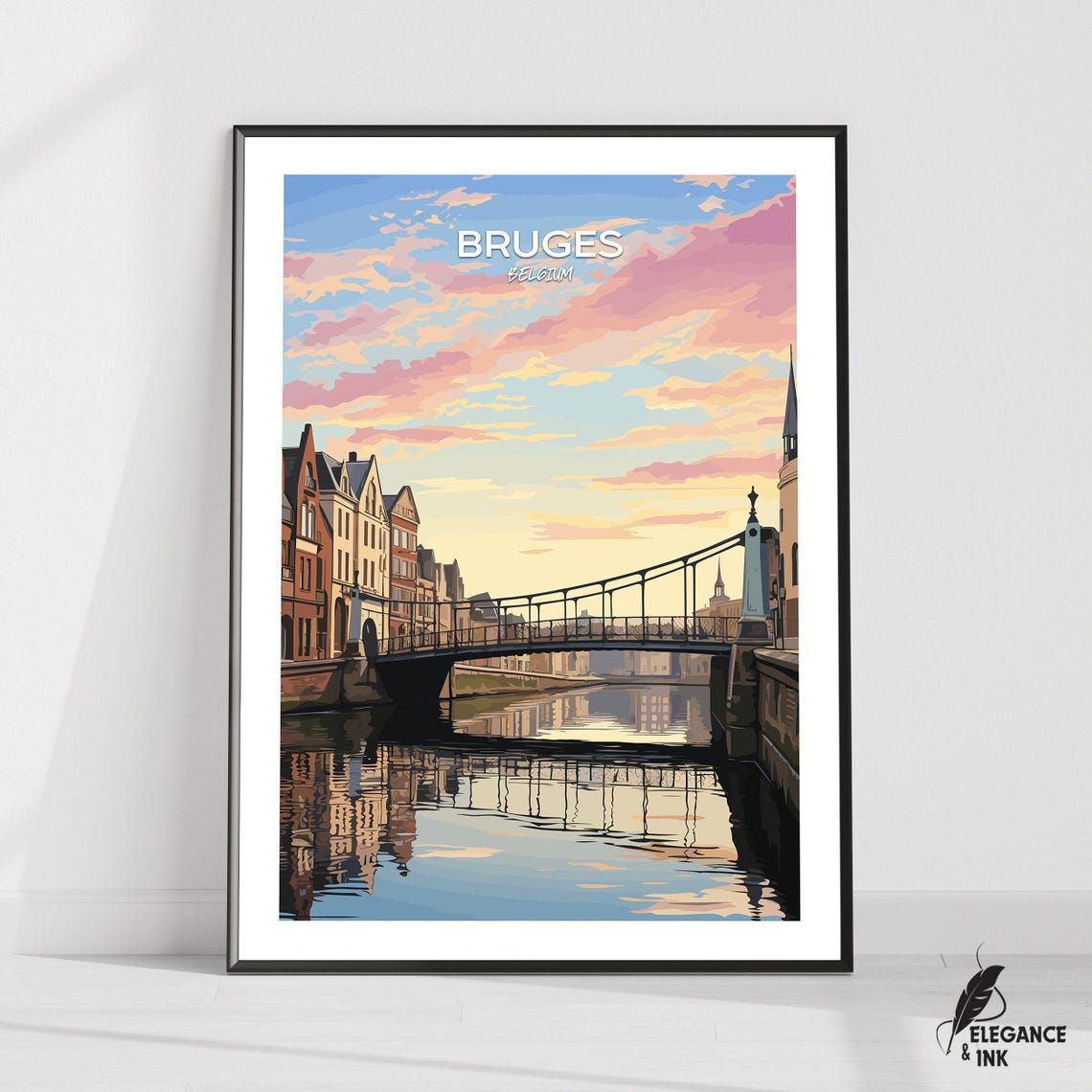 Bruges Belgium Canal Bridge Pink Sunset Vintage Travel Poster