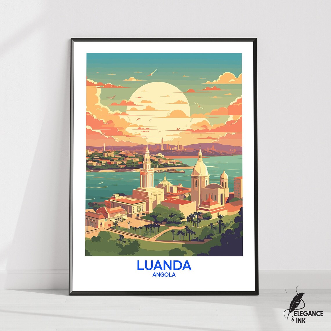 Luanda Angola Sunset Bay Cathedral Vintage City Travel Poster