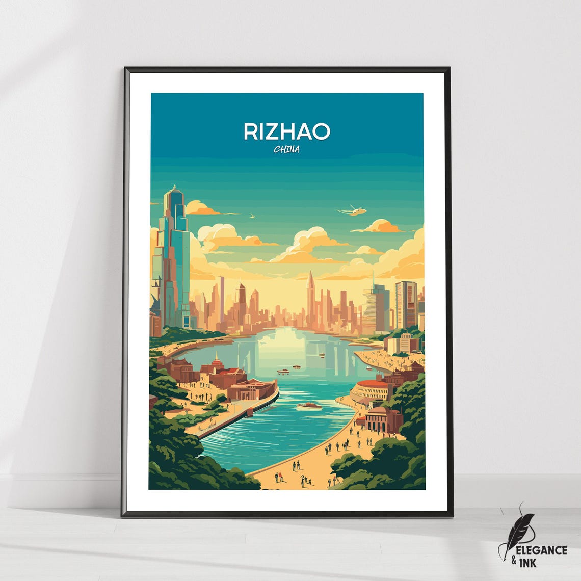 Rizhao China Coastal Skyline Golden Beach Promenade Travel Poster
