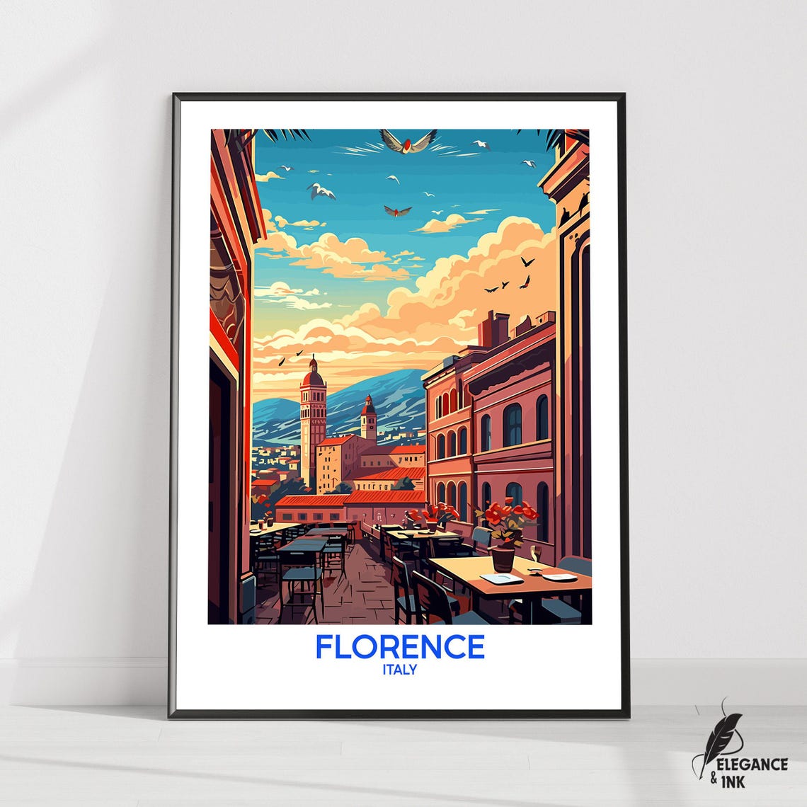 Florence Italy Rooftop Cafe Terrace Over Old Town Illustration Poster