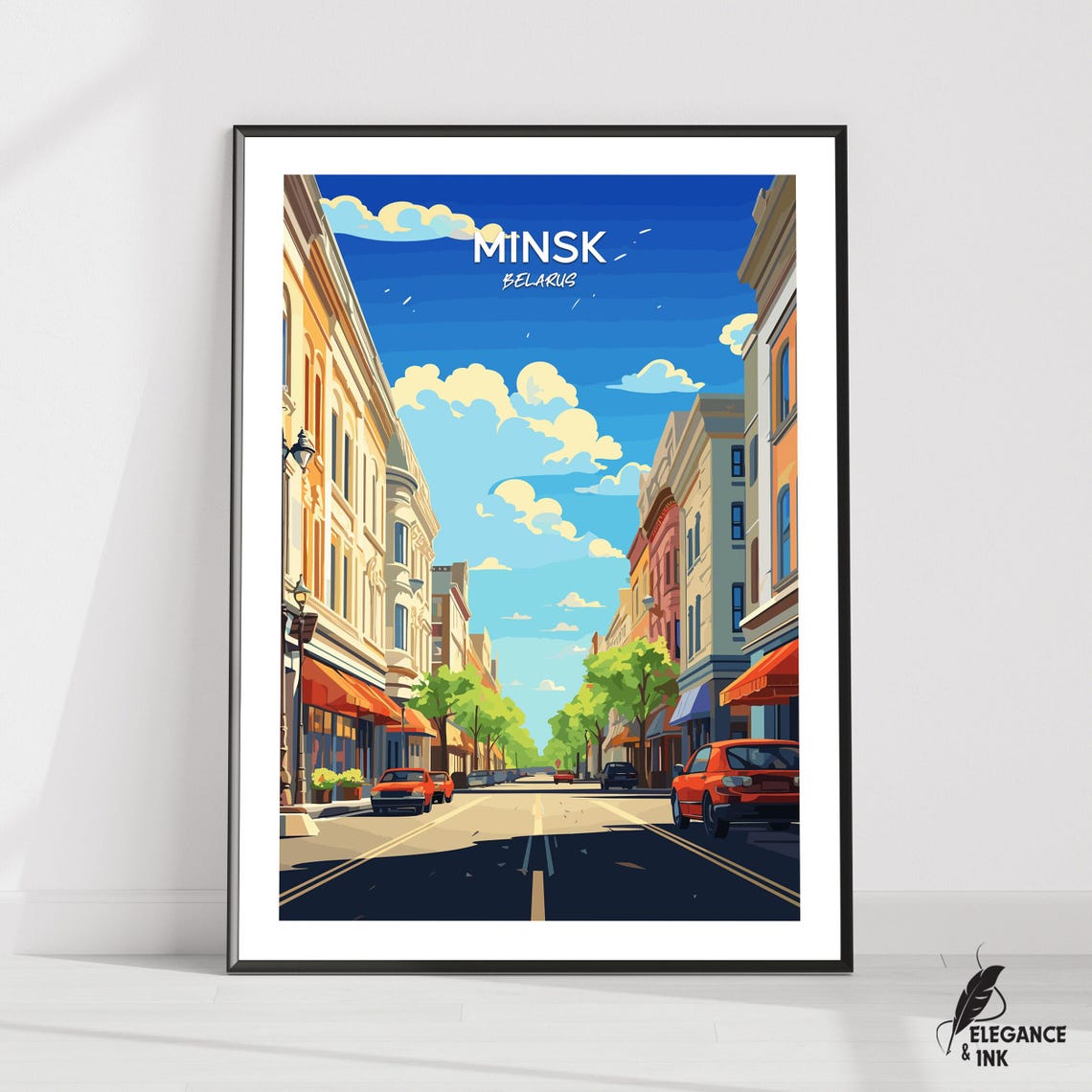 Minsk Belarus Old Town Street Vintage Travel Illustration Poster