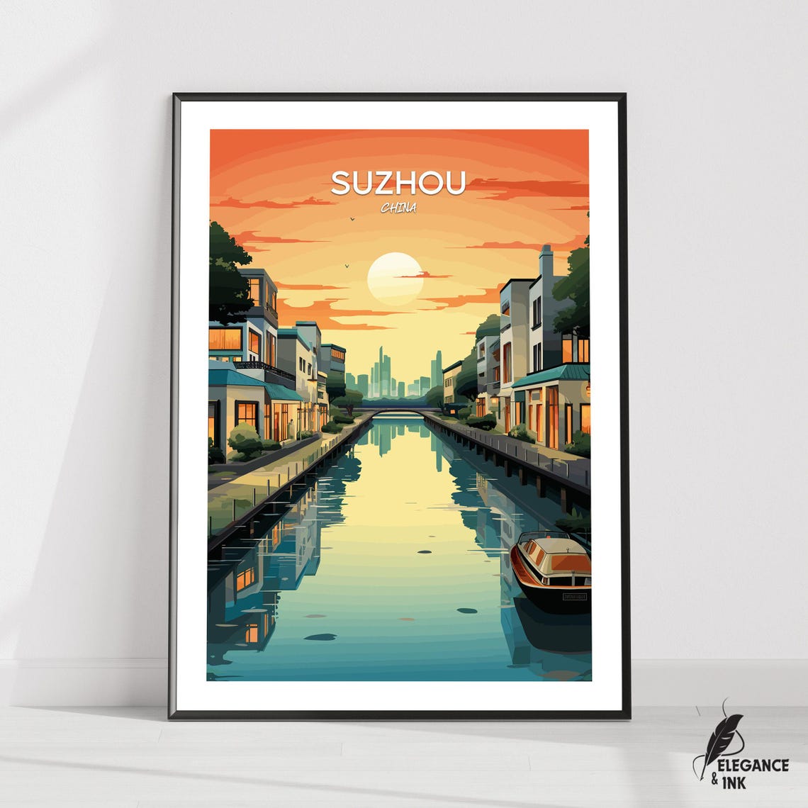 Suzhou China Poster Of A Canal At Sunset With Boats And Skyline