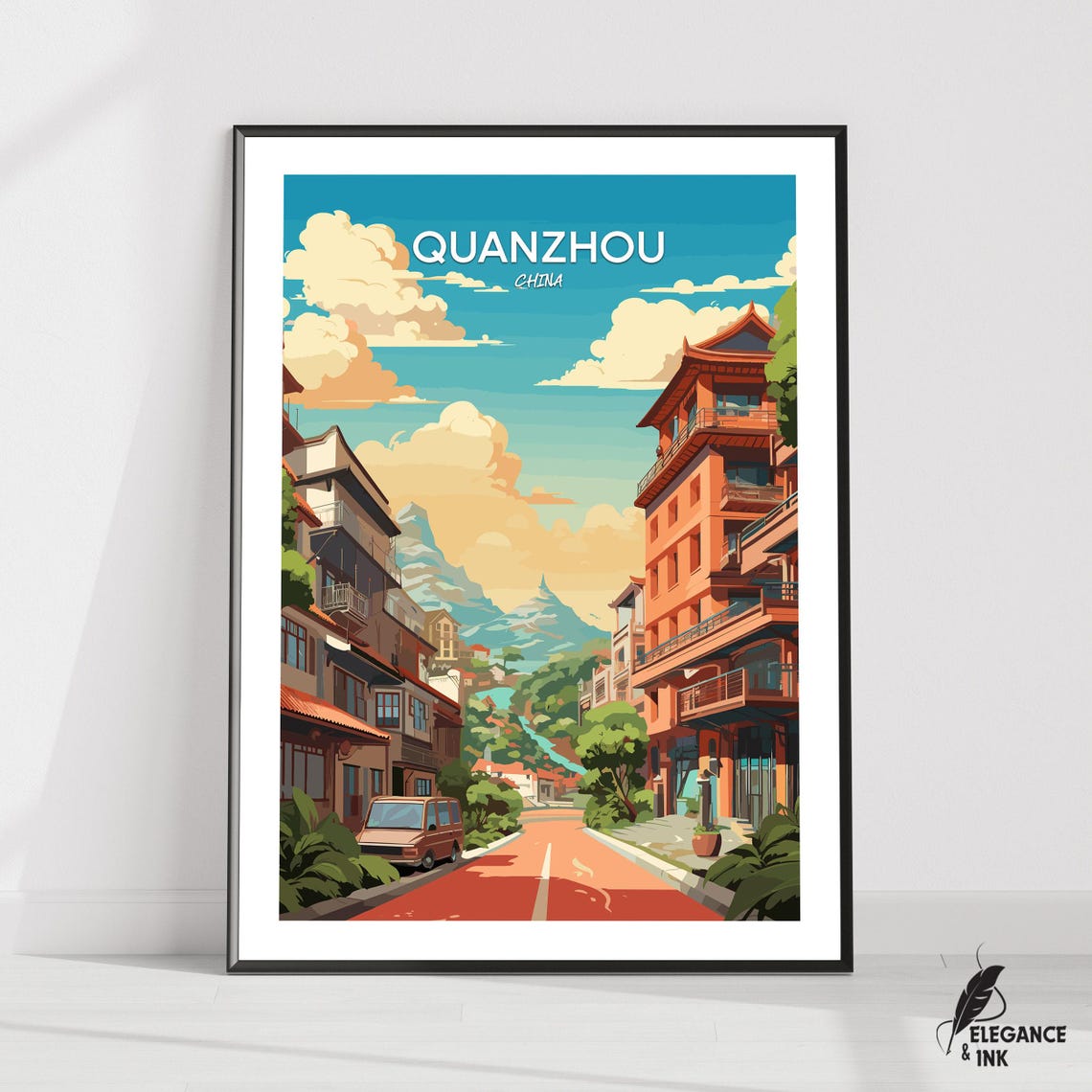 Quanzhou China Vintage Street Illustration Sunset Travel Poster