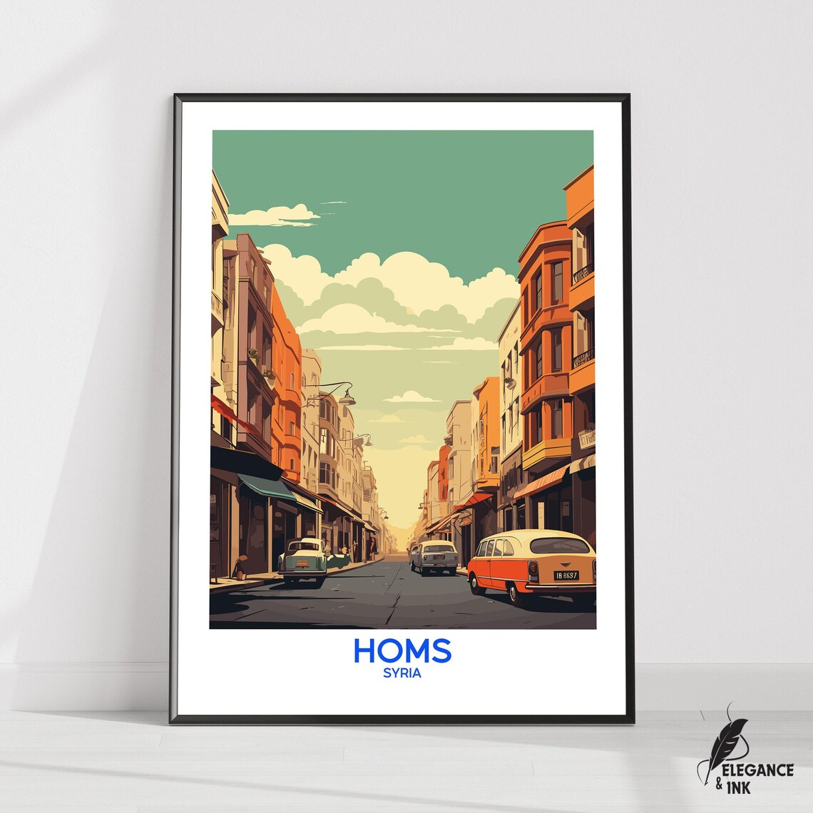 Homs Syria Vintage Cars Sunlit Old Street City Scene Art Poster