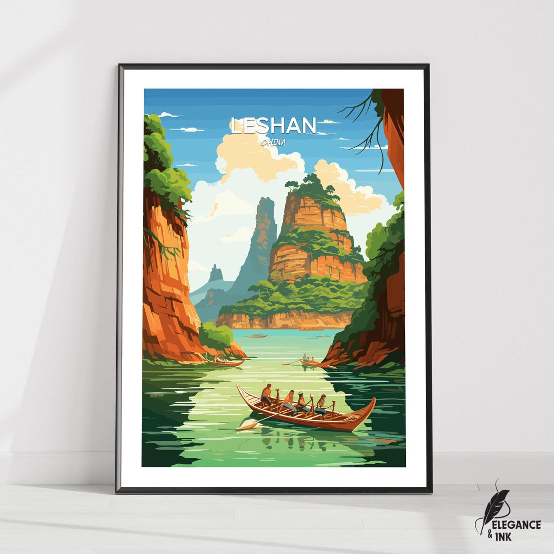 Leshan China Dramatic River Canyon with Rowing Boats Travel Poster