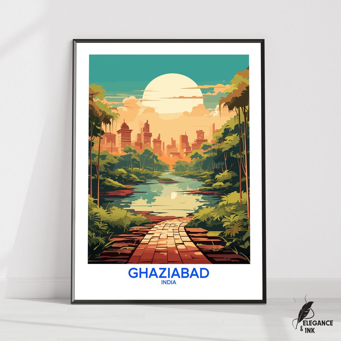 Ghaziabad India Moonlit River Palm Path Skyline Travel Poster