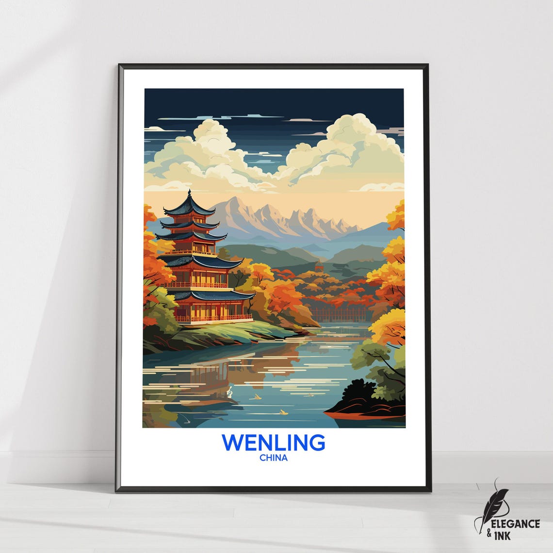 Wenling China Lakeside Pagoda Autumn Mountain Vintage Travel Poster