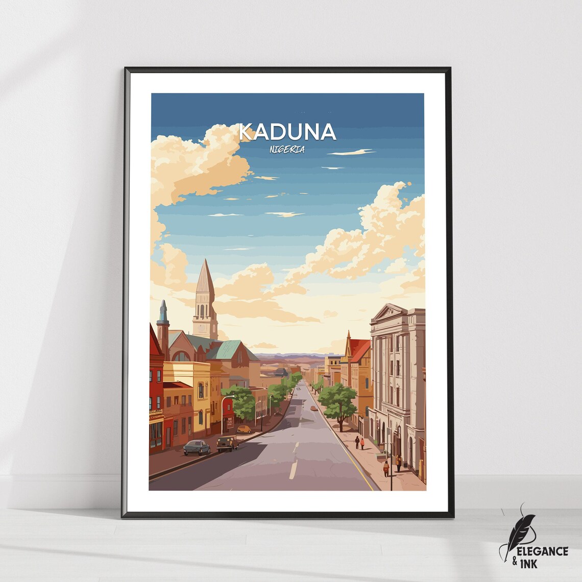Kaduna Nigeria Sunny Avenue Church Spire Illustrated Travel Poster