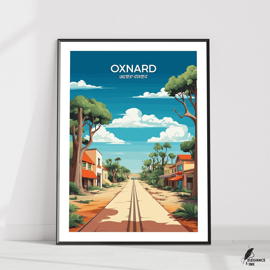 Oxnard United States Sunny Tree Lined Street Retro Travel Poster