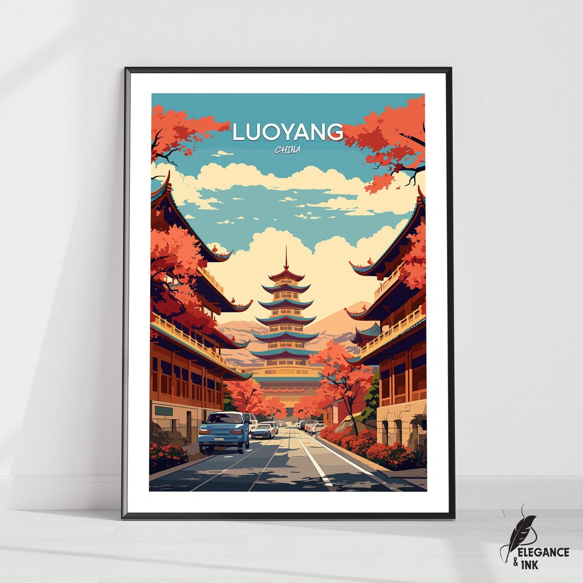 Luoyang China Pagoda Vintage Travel Poster Autumn Old Town Scene