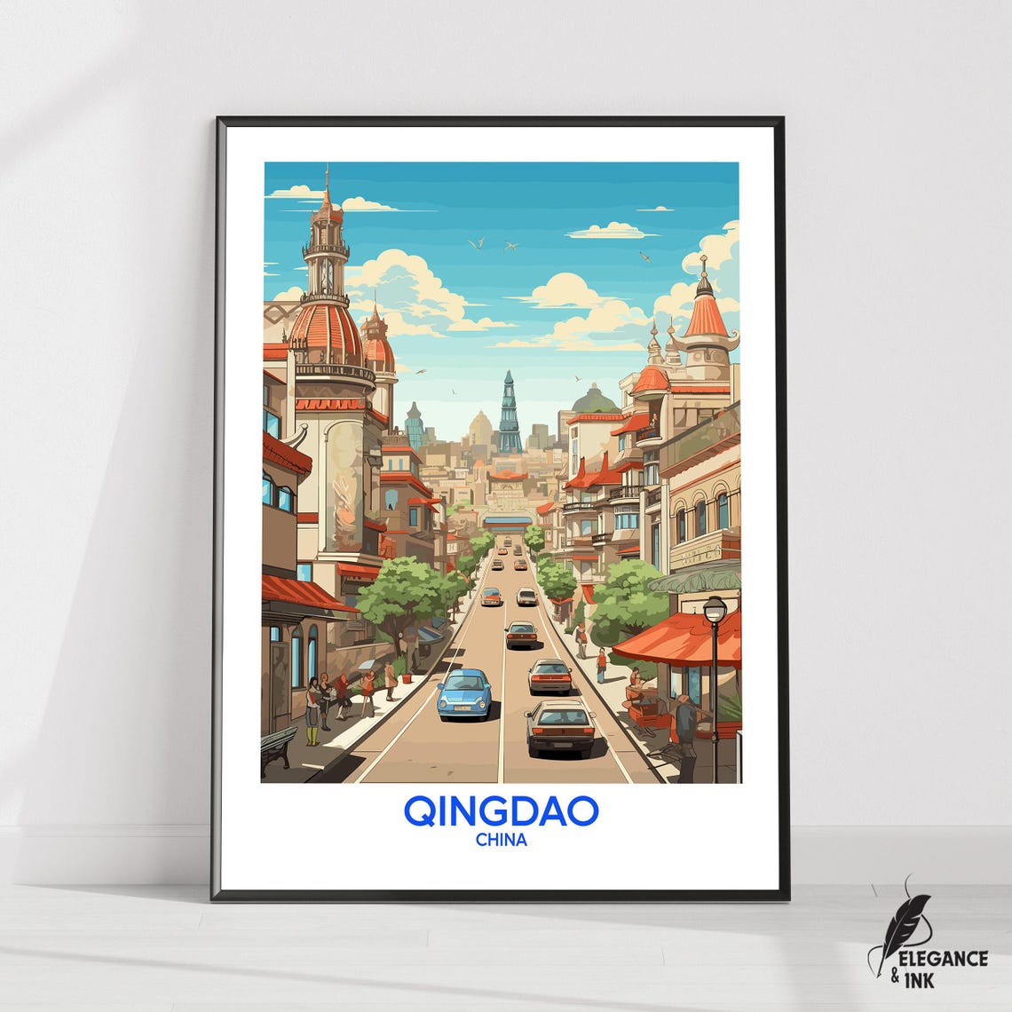 Qingdao China German Colonial Street Scene Illustrated Travel Poster