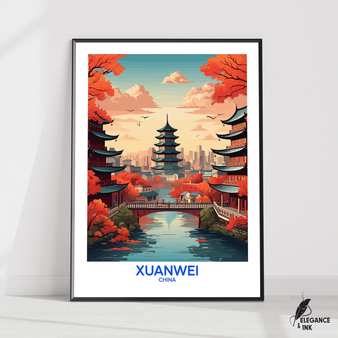 Xuanwei China Golden Pagoda River Sunset Illustration Poster