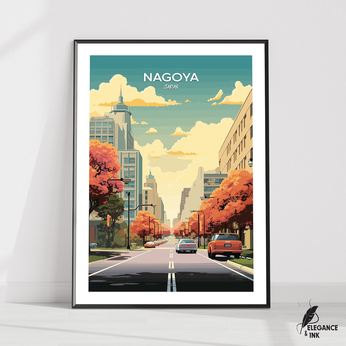 Nagoya Japan Autumn Maple Street Retro Vintage Travel Poster