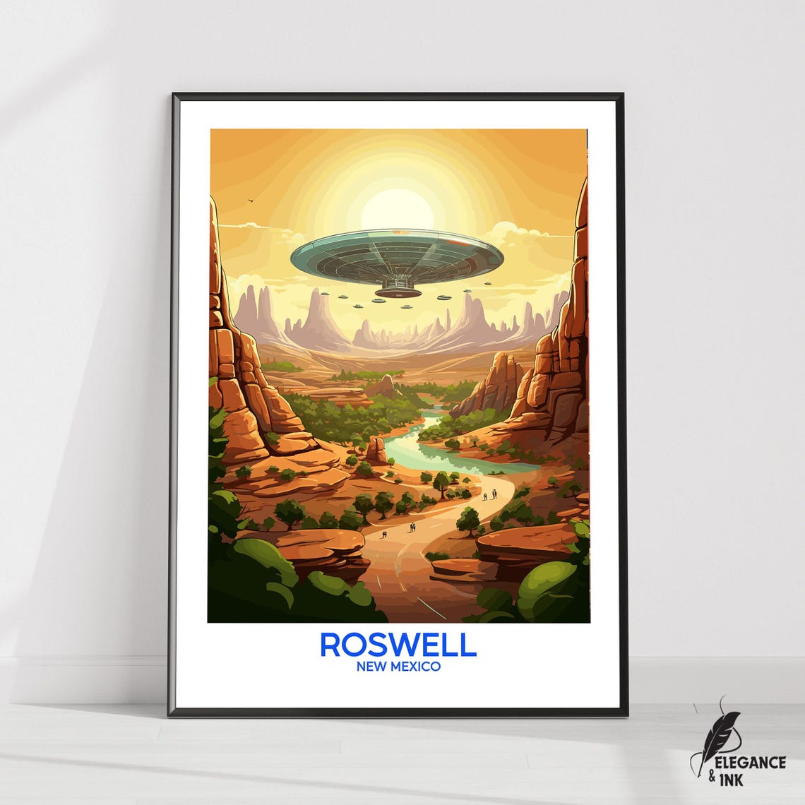 Roswell New Mexico UFO Flying Saucer Over Desert Canyon Art Poster