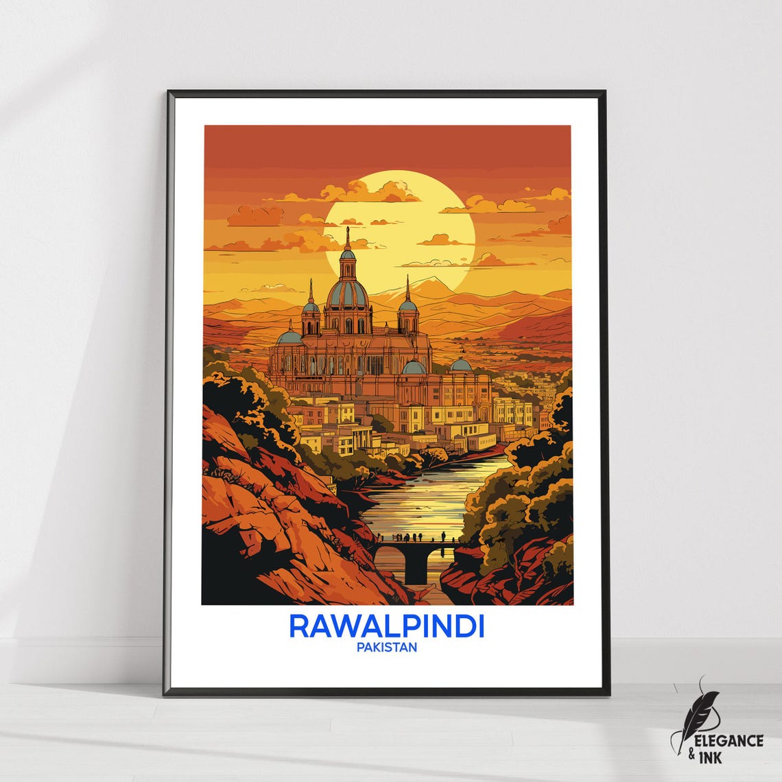 Rawalpindi Pakistan Sunset Mosque Glow Vintage Travel Poster