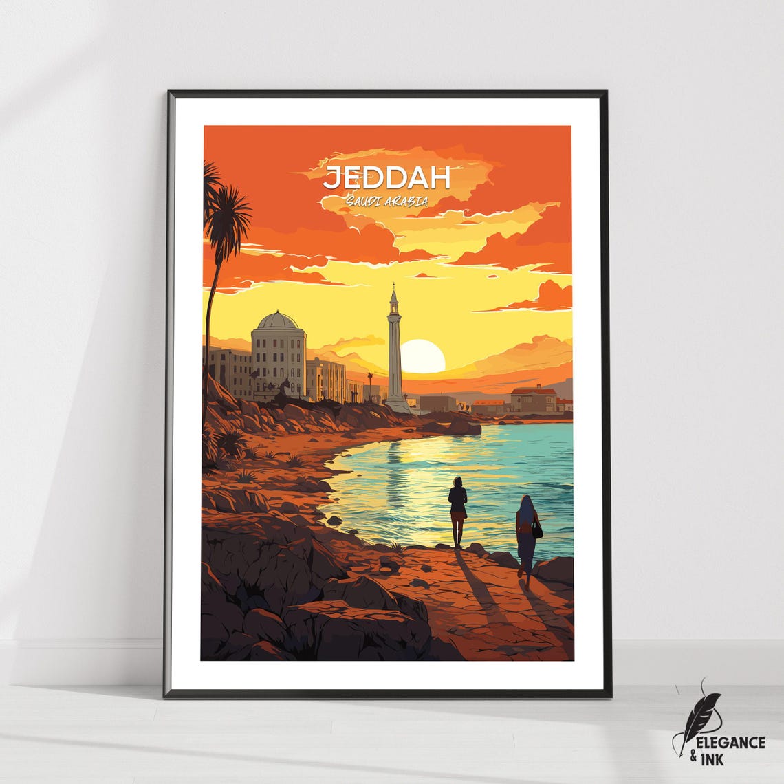Jeddah Saudi Arabia Sunset Coast Lighthouse Corniche Travel Art Print