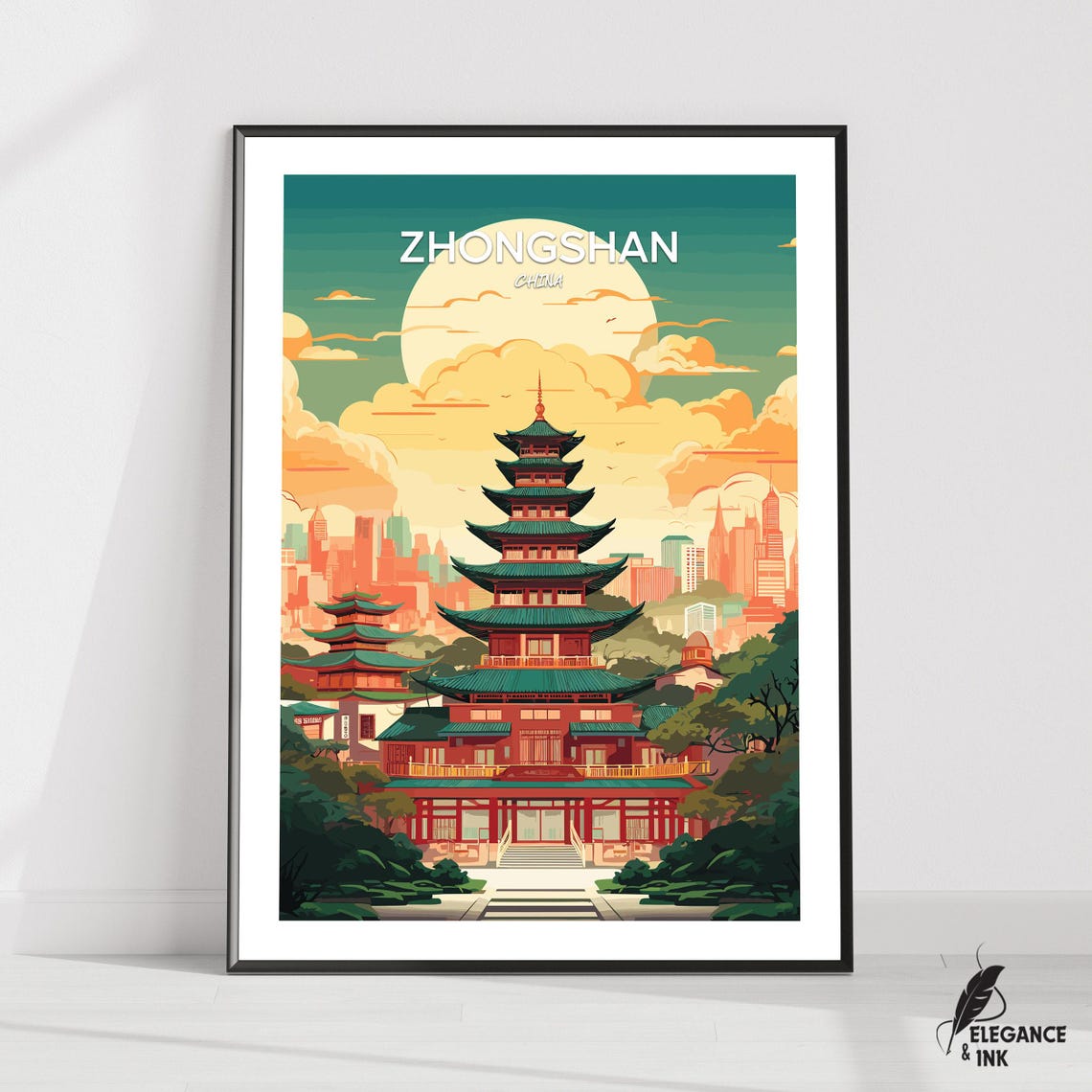 Zhongshan China Golden Pagoda Skyline Retro Travel Wall Poster