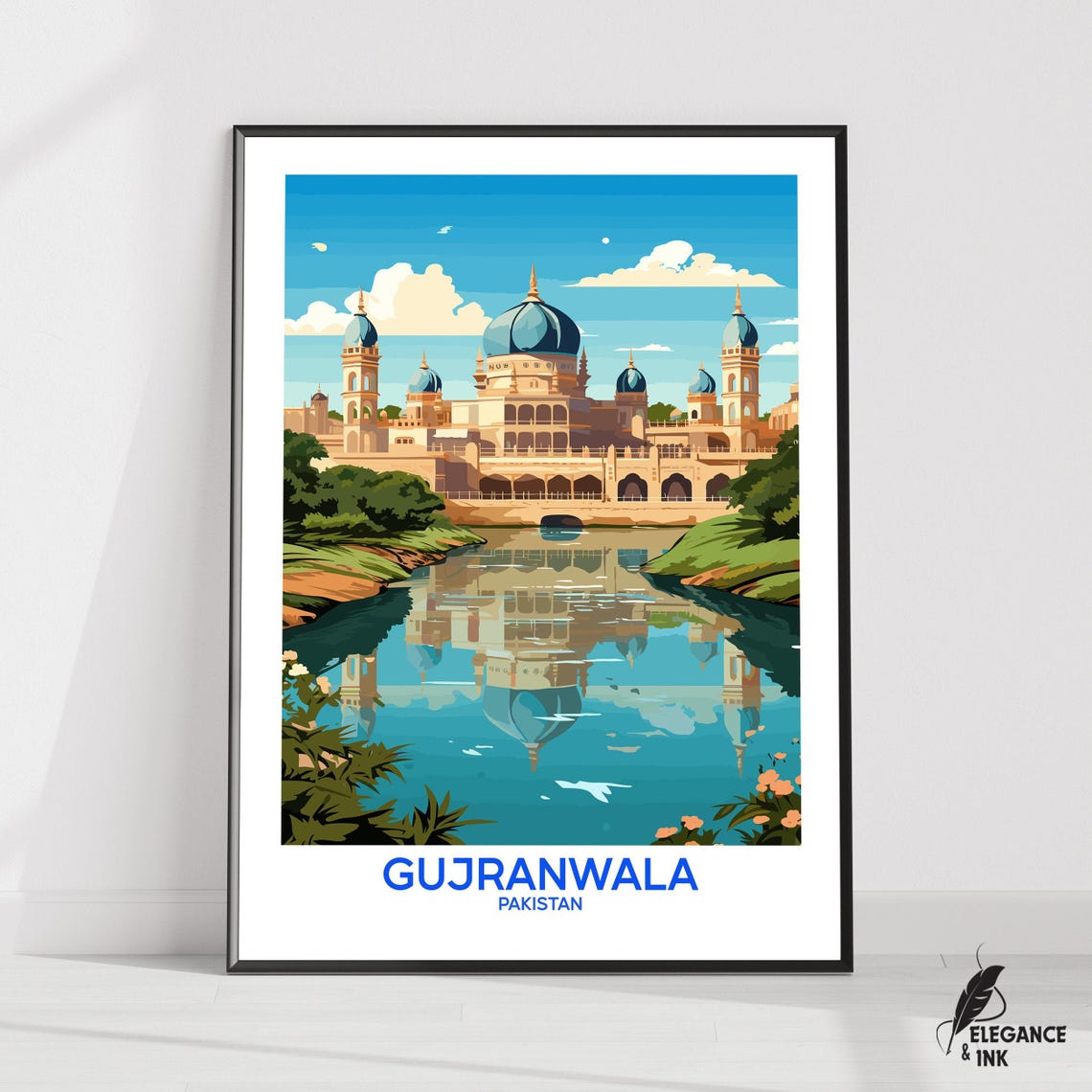 Gujranwala Pakistan Blue Dome Mosque by River Travel Poster Art