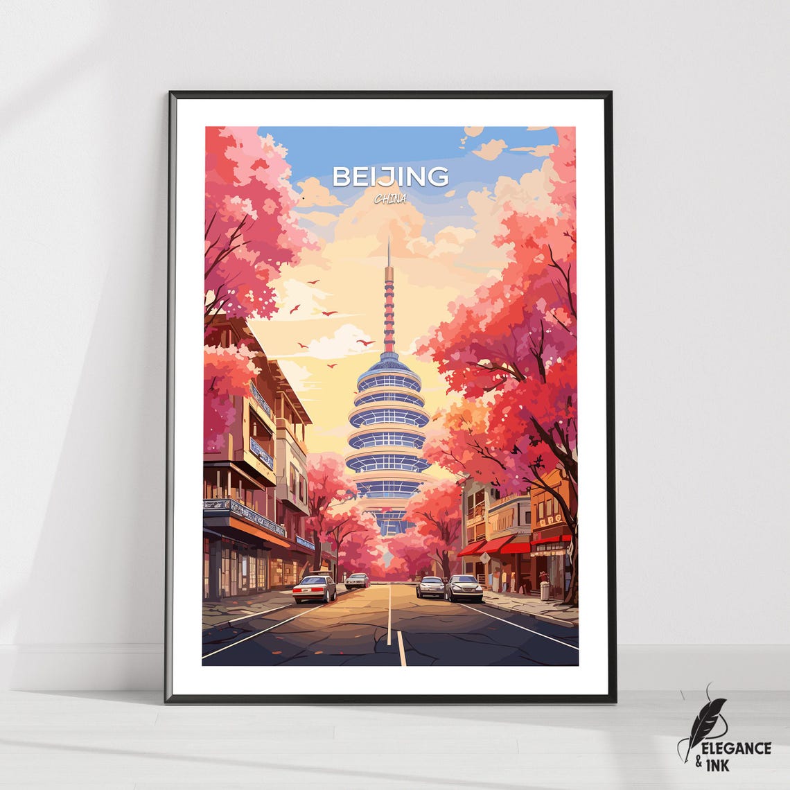 Beijing China Cherry Blossom Sunset Street Retro Travel Poster