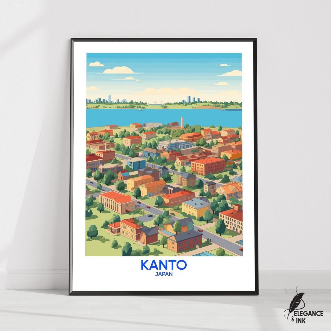Kanto Japan Aerial Suburb View with Bay Illustrated Travel Poster