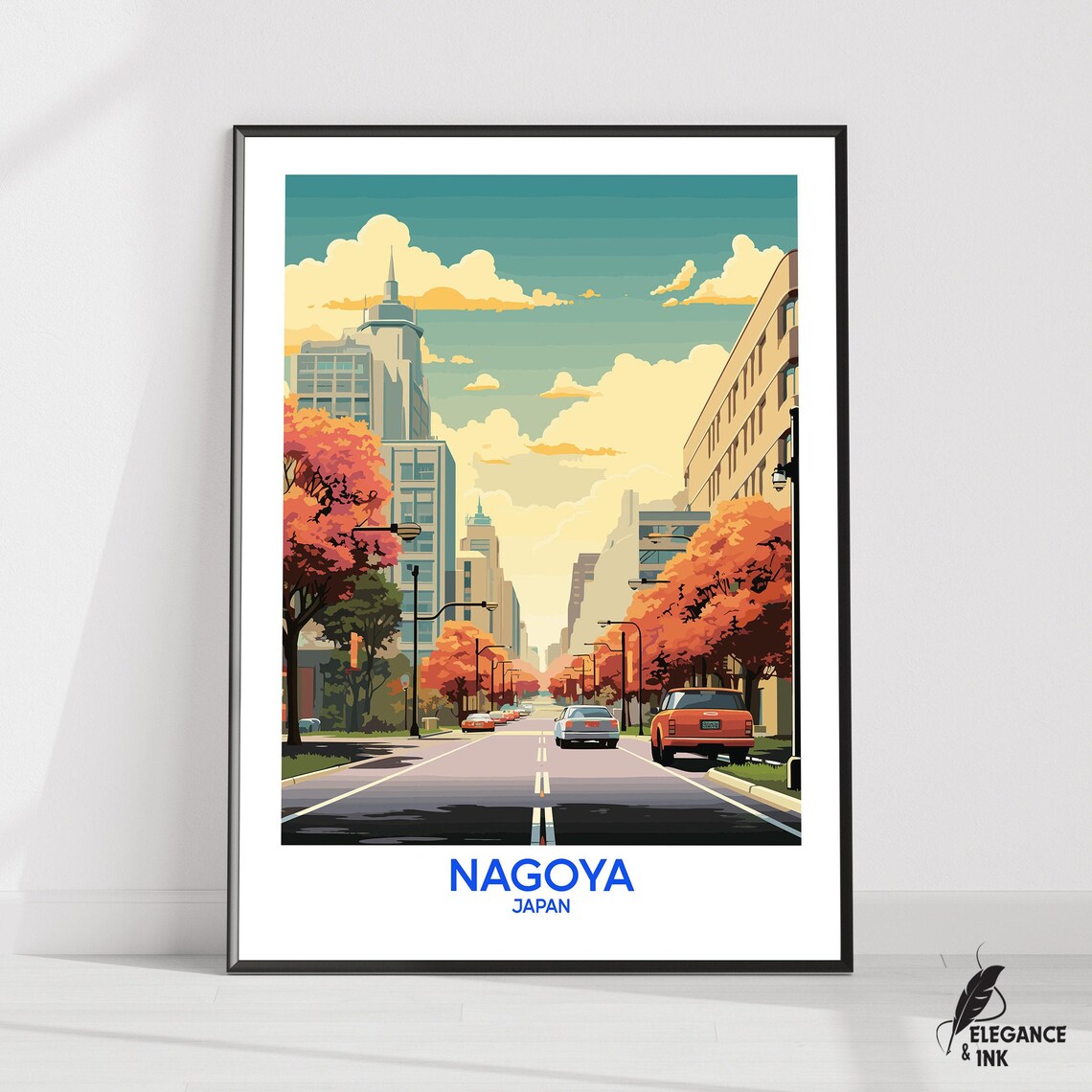 Nagoya Japan Autumn Boulevard Classic Cars City Travel Poster