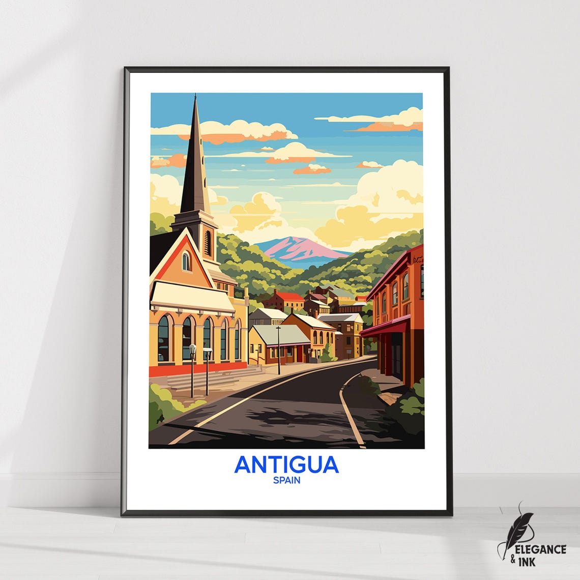 Antigua Spain Church Street Illustration Poster With Bottom Title Art