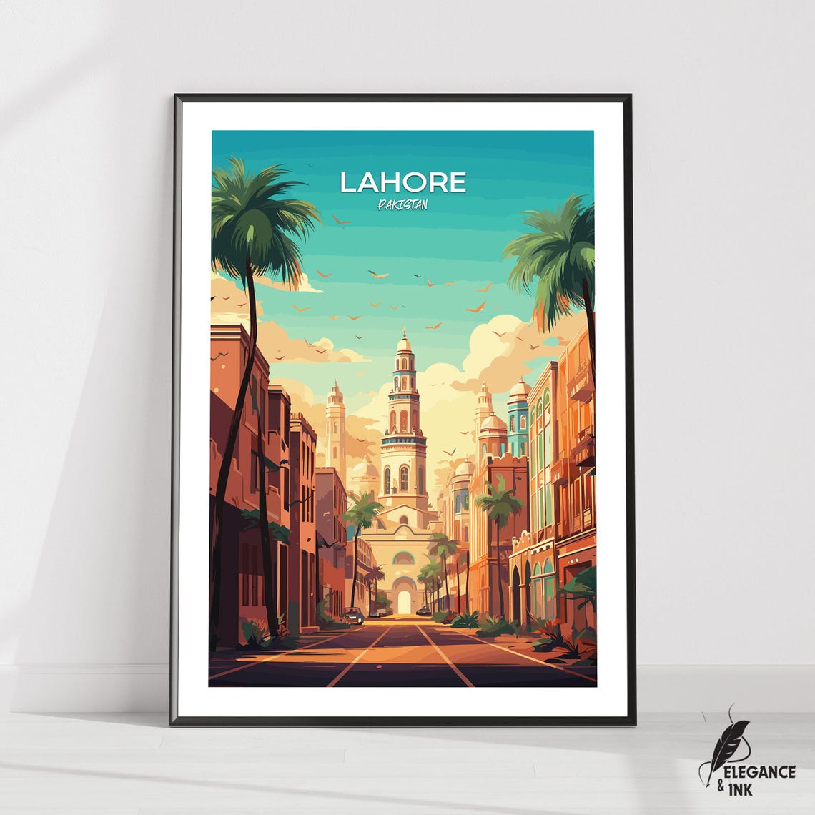 Lahore Pakistan Street View Minaret Palm Sunset Illustration Poster