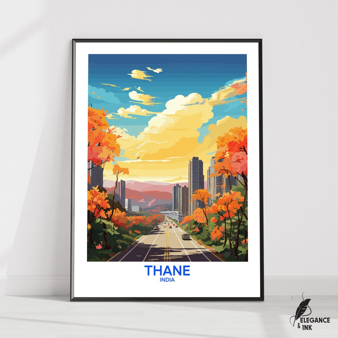 Thane India Tree-Lined City Avenue at Sunset Vintage Travel Poster