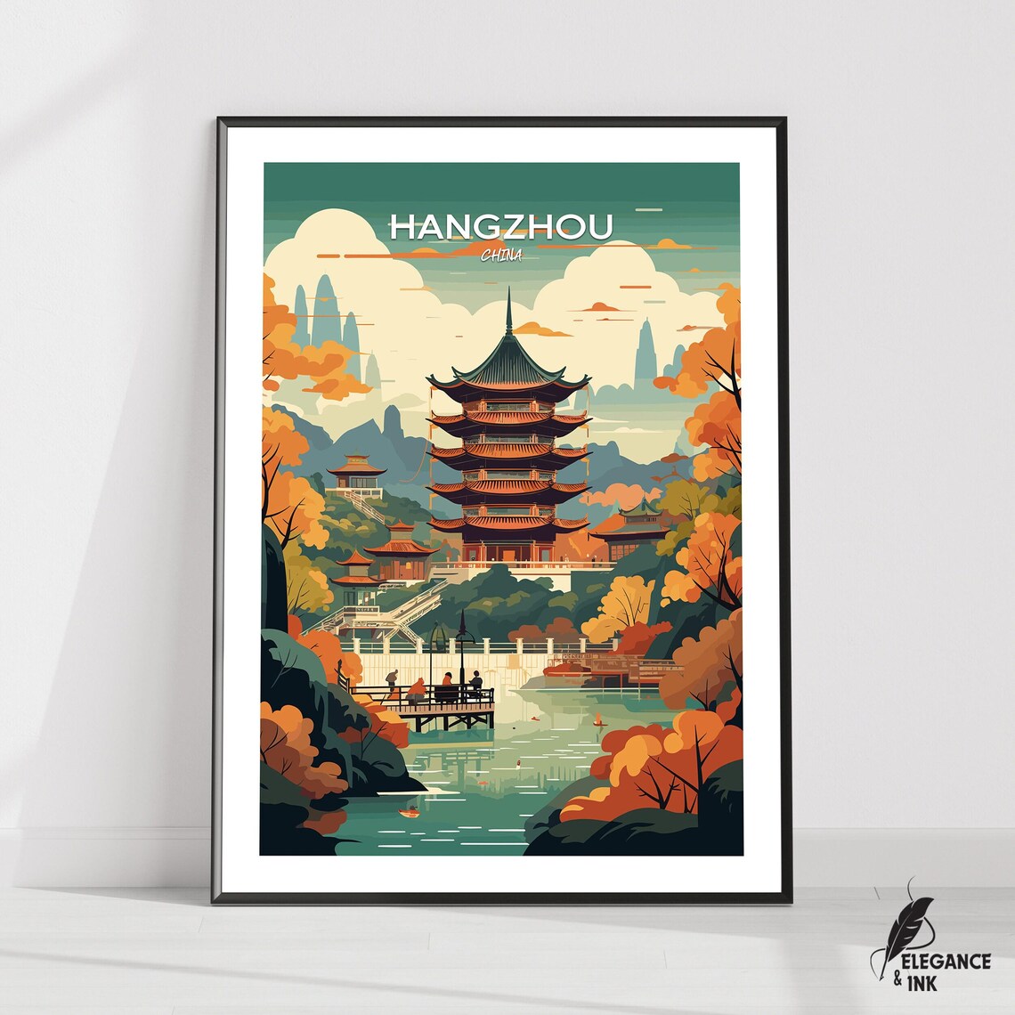 Hangzhou Pagoda Lake Reflections Vintage Chinese Travel Art Poster