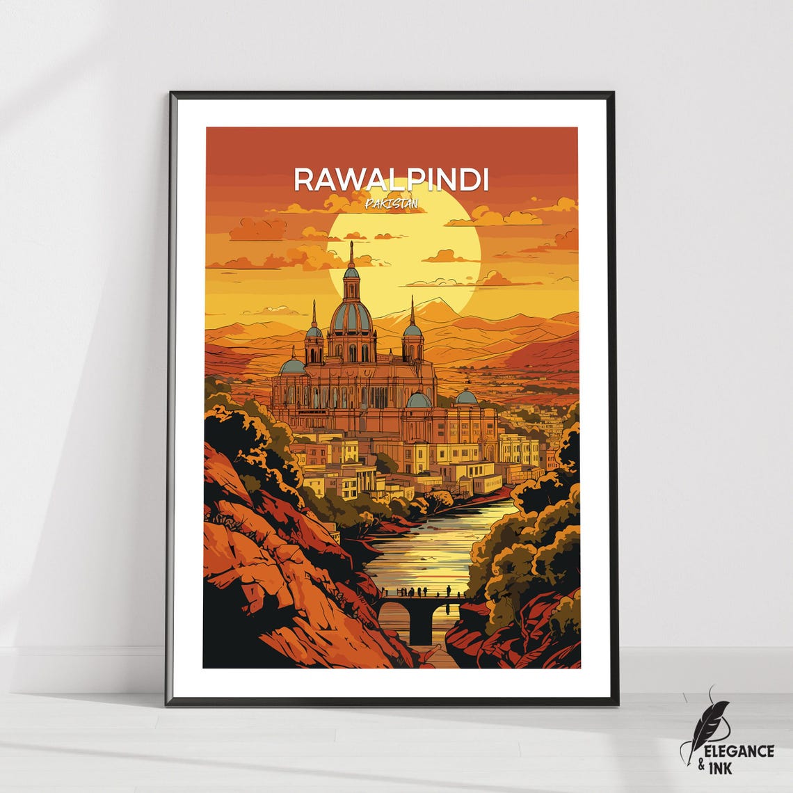 Rawalpindi Pakistan Sunset Domes Riverside Illustration Poster