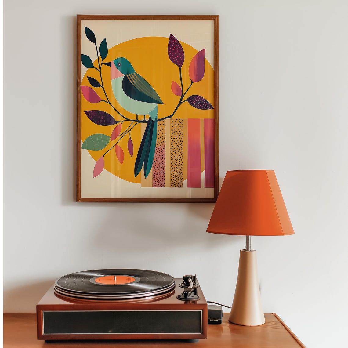 Geometric Bird Branch Orange Sun Mid Century Modern Boho Art Poster - Image 2