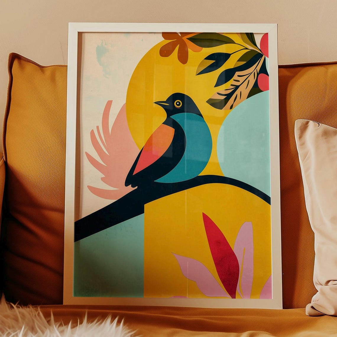 Modern Abstract Bird Art Print Colorful Mid Century Boho Wall Decor Geometric Bird Retro Minimalist Art