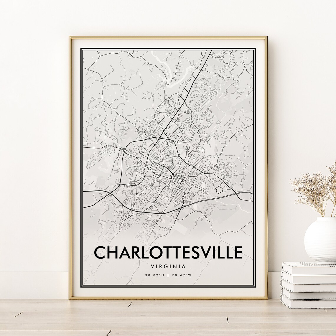 Charlottesville Virginia Minimalist City Map Street Line Black White Poster