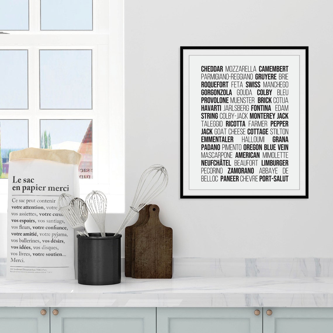 Cheese Names Black White Modern Farmhouse Typography Kitchen Wall Art - Image 2