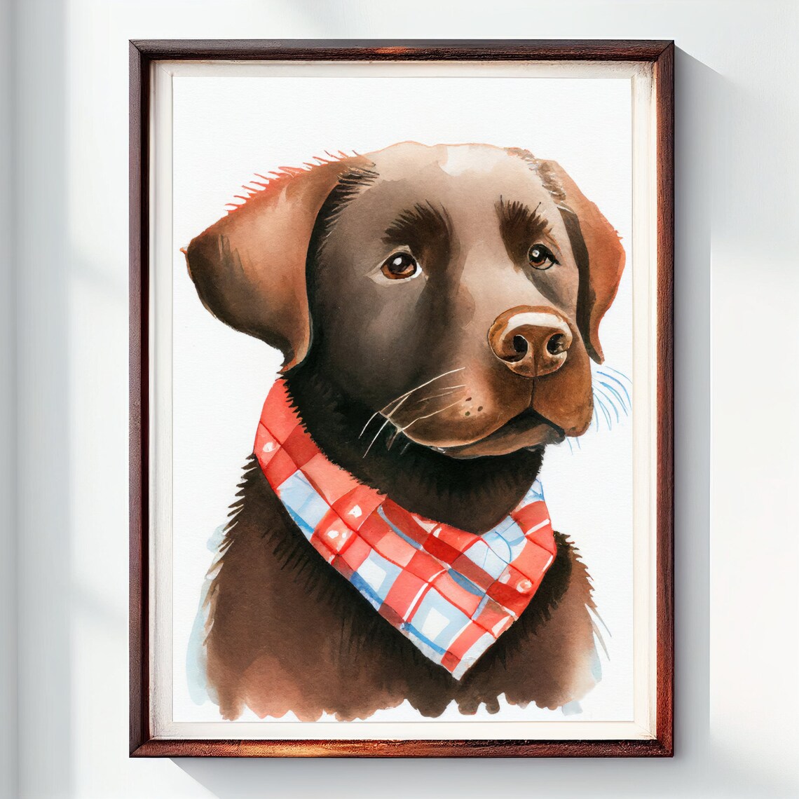 Chocolate Lab Puppy Red Plaid Bandana Watercolor Portrait Poster - Image 2