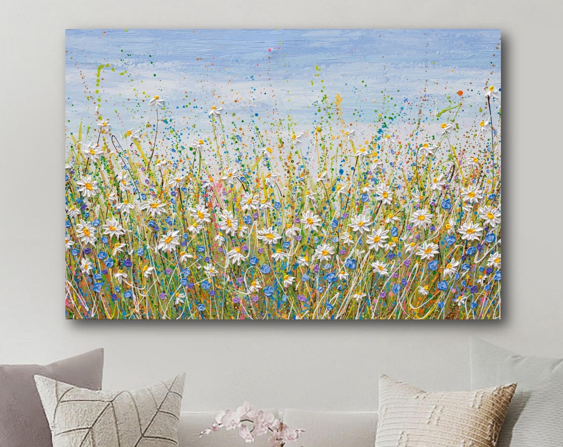White Daisy Blue Flower Field Wide Summer Meadow Impasto Art Print