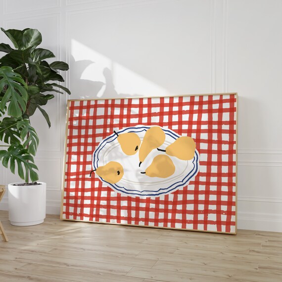 Yellow Pears on a Plate Red Checkered Tablecloth Kitchen Art Poster