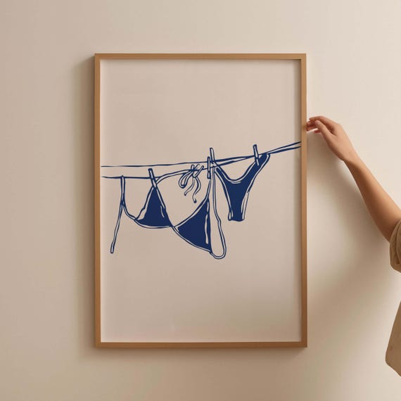 Bikini on Clothesline Poster, Coastal Laundry Art