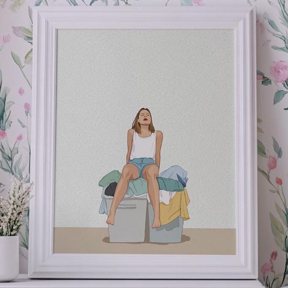 Mother Vs Laundry Funny Watercolor Print Colorful Motherhood Kitchen Illustration Mom Gift Decor Pastel Wall Art Poster