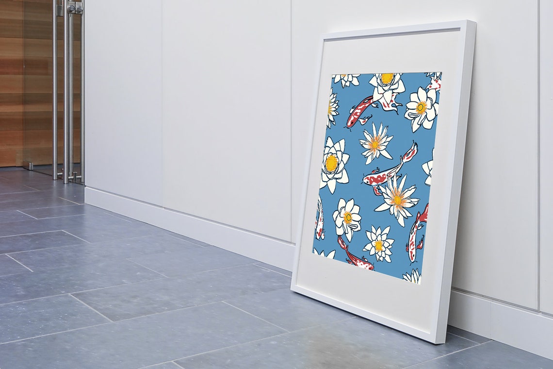 Koi Fish Lotus Flower Japanese Style Pattern Blue Art Wall Print - Image 2