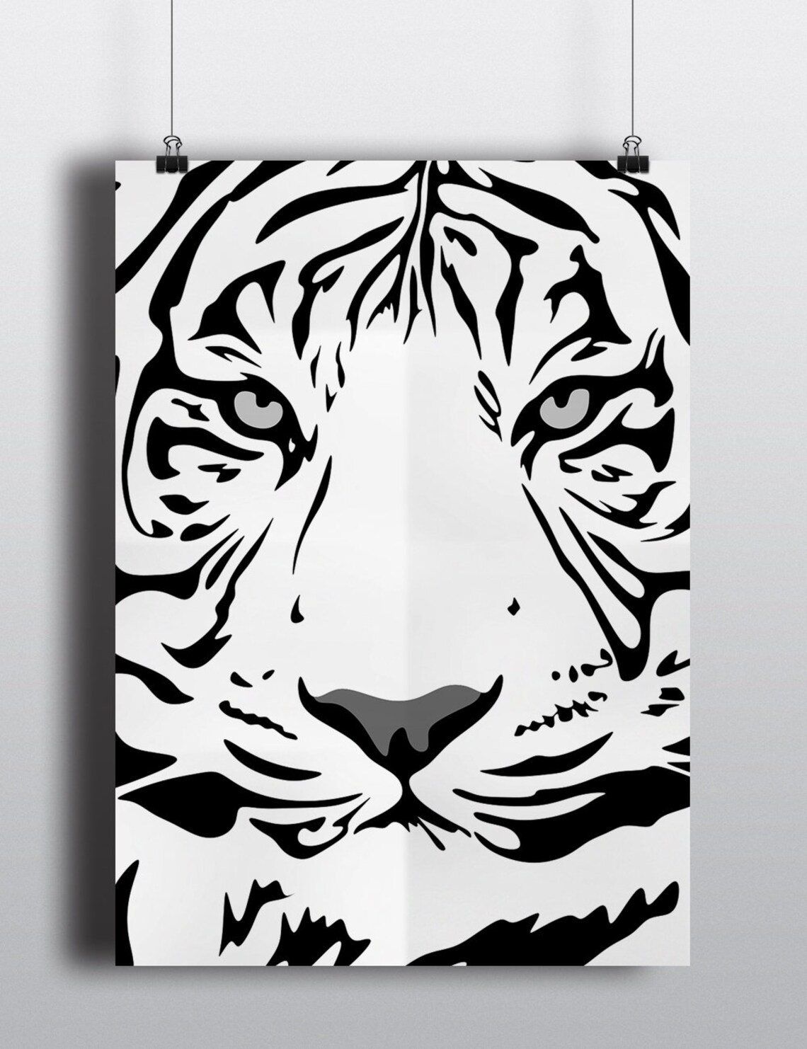 White Tiger Face Close Up Black and White Line Illustration Poster