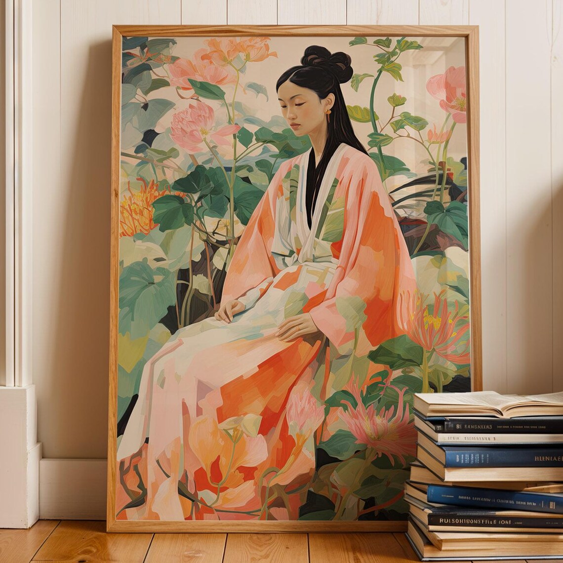 Woman in Floral Kimono Among Lotus Blossoms Soft Portrait Poster